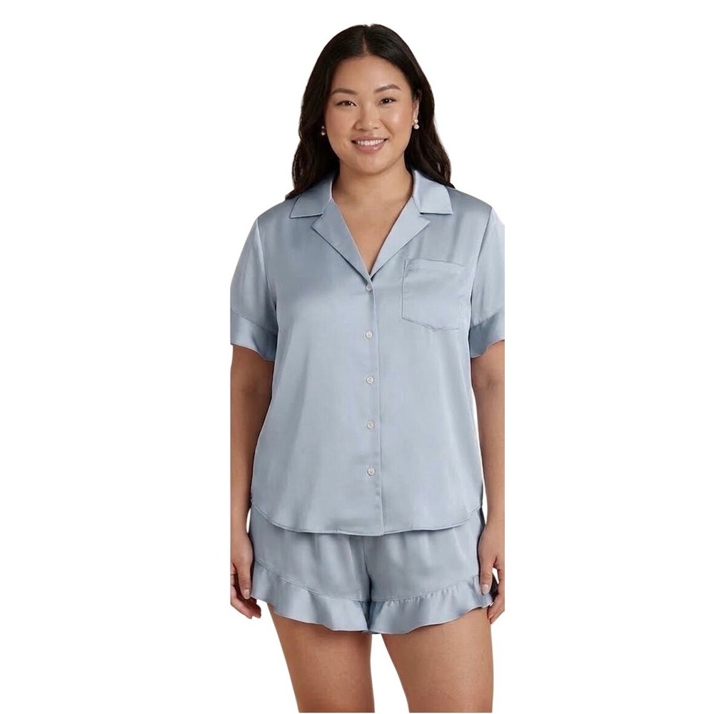Birdy Grey Satin Pajama Set 2X Blue Ruffle Short Sleeve Button Down Shorts PJ